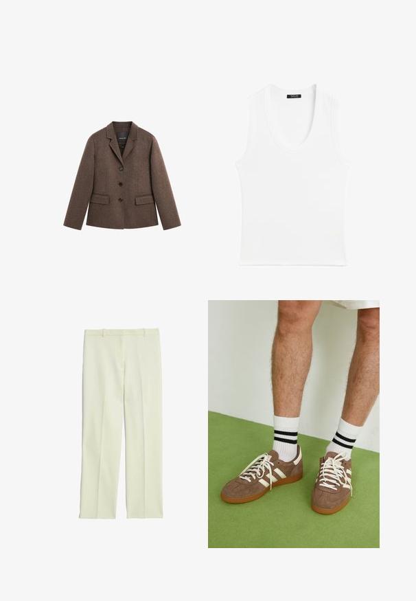 Brązowa marynarka z wełny i elastycznych włókien, z wyraźnym klapem, trzema czarnymi guzikami, przednimi kieszeniami i długimi rękawami, o dopasowanym, lekko ukierunkowanym kroju.; Biała bezrękawnik z okrągłym dekoltem, wykonany z prążkowanego materiału; prosty design bez wzorów czy ozdób.; Kremowe, dopasowane spodnie o prostym kroju, z płaskim przodem, szlufkami na pasek i gładką teksturą.; Brązowe zamszowe sneakersy z białymi akcentami i sznurówkami. Gumowa, brązowa podeszwa. Noszone z białymi skarpetkami w czarne paski. Zielona teksturowana podłoga.