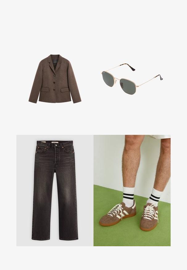 Bruine wolmix blazer met gestructureerde revers, drie zwarte knopen, voorzakken en lange mouwen, met een op maat gemaakte, licht getailleerde pasvorm.; Witte lange mouwen top met een brede halslijn, zijsplitten en een gladde, lichtgewicht stof, met een eenvoudig, minimalistisch ontwerp.; Zwarte denim jeans met een rechte pasvorm. Heeft koperen klinknagels en zakken. Gladde textuur en een licht vervaagd uiterlijk.; Bruine suède sneakers met witte accenten en veters. Rubberen gumzool. Draag met witte sokken met zwarte strepen. Groene gestructureerde vloer.; Gouden metalen zonnebril met donkergroene lenzen, aviator-stijl, met slanke scharnieren en schildpad-accenten op de uiteinden.; Kabelgebreide sjaal in lichtbruin, met een textuurpatroon, geribde uiteinden en een klein logo detail nabij de onderkant. Zacht, warm materiaal.; Bruine suede hobo tas met een gladde leren basis, een gebogen vorm, goudkleurige hardware en een centrale strapaccent met logo detail.