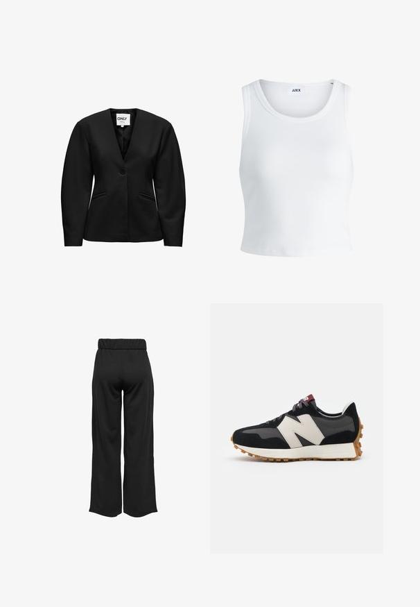 Zwarte blazer met een v-halslijn, enkele knoopsluiting, twee voorzakken en gestructureerde schouders, gemaakt van gladde stof.; Witte geribbelde tanktop met een ronde hals, zonder mouwen en een cropped lengte. Label draagt "JJXX." Gladde stoftextuur.; Zwarte, wijde broek met een elastische tailleband, gemaakt van gladde stof. Heeft een strakke uitstraling zonder zakken of zichtbare stikseldetails.; Zwarte en grijze suède sneaker met een groot crèmekleurig "N"-logo, paarse veters en een gestructureerde rubberen zool van gum.