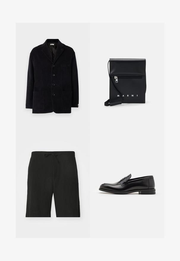 Mustahi kahverengi kordür ceket, kesik yaka, dört ön düğme, iki büyük cep ve ek bir göğüs cebi ile. Yumuşak dokusu, vücuda uygun kesimi.; Valkoinen pitkähihaista napillista paitaa, joka on valmistettu puuvillasta. Paita sisältää rinnan kohdalla taskun, jossa on samaa sävyä oleva brodeeraus, kauluksen sekä napilliset hihansuut.; Mustat pellavahousut, joissa on nauhavyötärö, rento istuvuus ja polven pituinen muotoilu. Sileä rakenne, yksinkertainen ja klassinen tyyli.; Mustat nahkakengät, joissa on sileä pinta, pyöreä kärki ja koristeellinen nauha jalkapöydän yli. Matala pinoitu koroke, minimalistinen muotoilu.; Musta nahkainen olkalaukku, jossa on vetoketjullinen etutasku, kohokuvioitu logo ja säädettävä hihna. Sujuva tekstuuri ja jämäkkä muoto.