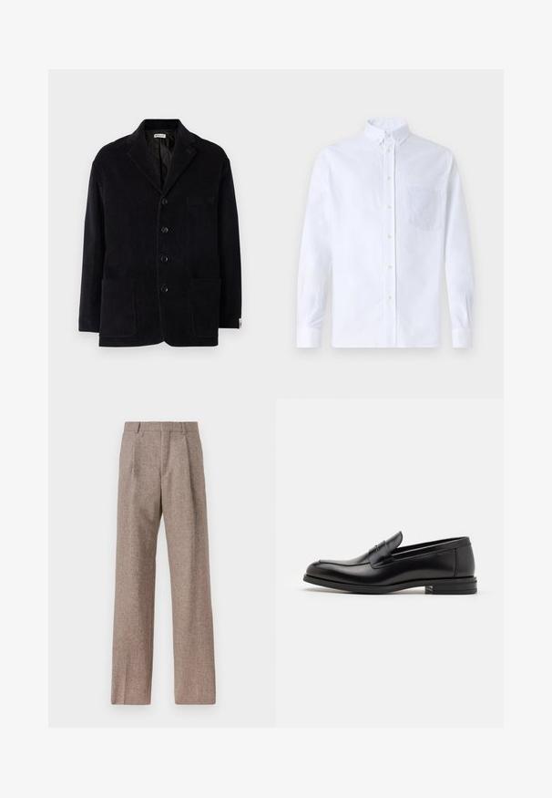 Schwarze Cordjacke mit Reverskragen, vier vorderen Knöpfen, zwei großen Taschen und einer zusätzlichen Brusttasche. Weicher Stoff, taillierte Passform.; Weißes Langarm-Hemd mit Knöpfen aus Baumwolle, ausgestattet mit einer Brusttasche mit tonalem Stickerei, einem Kragen und Knopfmanschetten.; Braune, hochtaillierte Hose aus strukturiertem Stoff. Mit weitem Bein und zwei vorderen Bügelfalten für zusätzliche Form. Saubere Verarbeitung ohne sichtbare Hardware.; Schwarze Lederloafers mit glatter Textur, rundem Zehenbereich und einem dekorativen Riemen über dem Vorderfuß. Niedriger, gestapelter Absatz, minimalistisches Design.