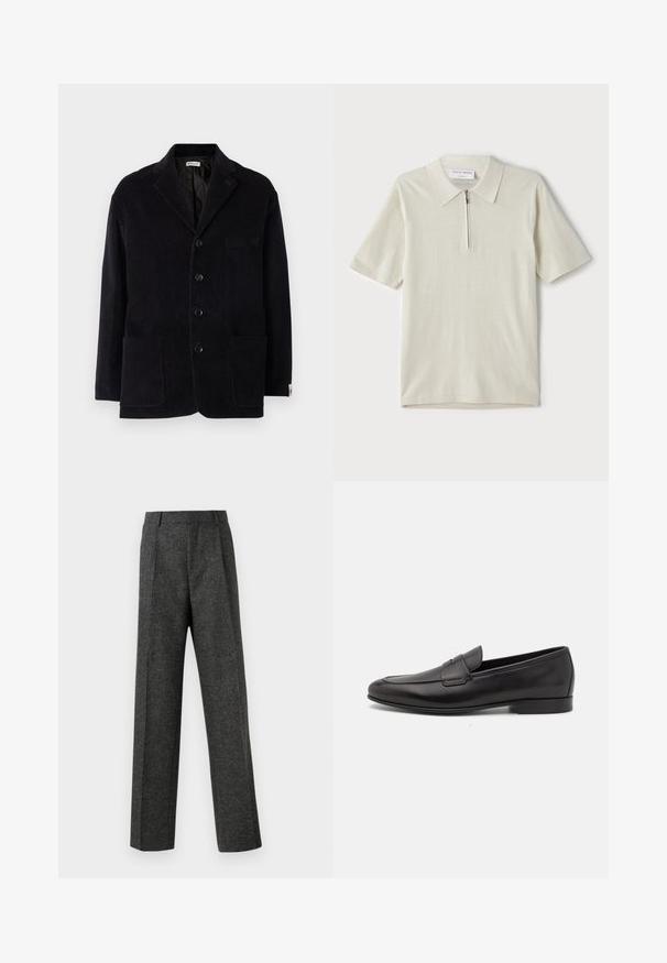 Sort kordfløjljakke med hakkrave, fire frontknapper, to store lommer og en ekstra brystlomme. Blød struktur, skræddersyet pasform.; Kortærmet polo shirt i lys beige med lynlås-krave. Fremstillet af glat stof, med et enkelt, moderne design uden mønstre.; Grå skræddersyede bukser lavet af tekstureret stof, med to frontplicer og lige ben-design. Ingen synlige lommer eller udsmykninger.; Sort læder herre loafers med lav hæl og et klassisk penny strap design, vist i sideprofil på en hvid baggrund.