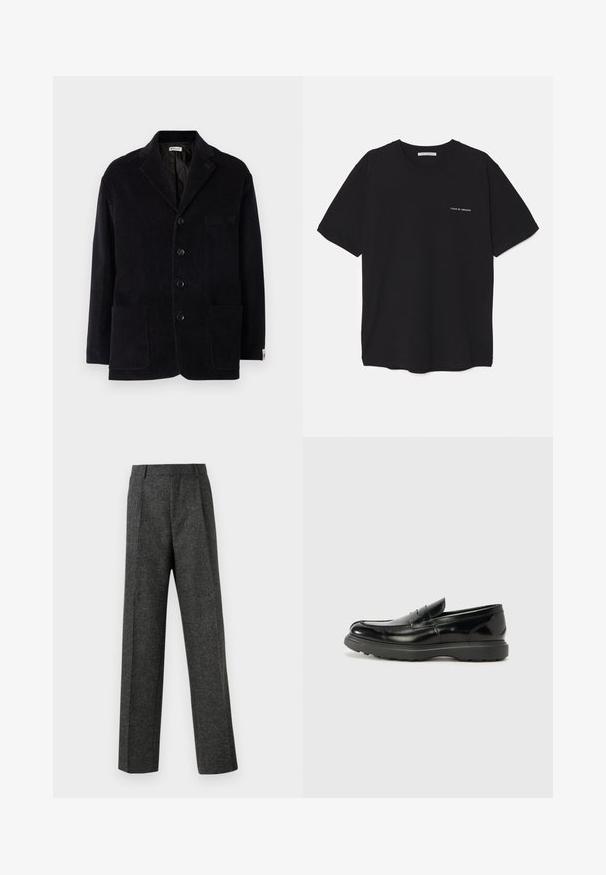 Črna kordlastna jakna s izrezanim ovratnikom, štirimi sprednjimi gumbi, dvema velikima žepoma in dodatnim žepom na prsih. Mehak material, prilagojen kroj.; Črna bombažna majica s kratkimi rokavi in okroglim ovratnikom, z belim logotipom natisnjenim na levi prsni strani. Preprost, enobarven dizajn.; Sive krojene hlače iz teksturirane tkanine, ki imajo dva sprednja nabora in ravno kroj. Brez vidnih žepov ali okrasnih elementov.; Črne usnjene loafer čevlje z sijajno obdelavo, okroglo špico, subtilnimi šivi in debelim gumijastim podplatom za trajnost.