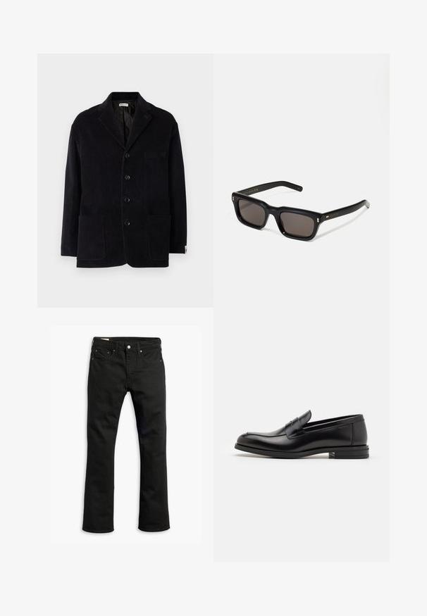 Chaqueta de pana negra con cuello muesca, cuatro botones frontales, dos bolsillos grandes y un bolsillo adicional en el pecho. Textura suave, corte entallado.; Camiseta blanca de manga corta en tejido de algodón con cuello redondo. Diseño simple sin patrones ni acentos. Textura suave.; Jeans de mezclilla negra con un diseño de pierna recta, cinco bolsillos, cierre de botón de metal y detalles de costura sutiles. Textura suave y color sólido.; Mocasines de cuero negro con una textura suave, puntera redondeada y una tira decorativa en el empeine. Tacón bajo apilado, diseño minimalista.; Gafas de sol rectangulares negras con lentes oscuros, marco de plástico grueso, acentos dorados en las patillas y logotipo de la marca grabado en el brazo.