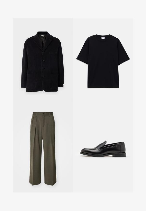Black corduroy jacket with notched collar, four front buttons, two large pockets, and an additional chest pocket. Soft texture, tailored fit.; Black short-sleeve oversized T-shirt with round neckline and visible Filippa K brand label inside the collar.; Filippa K WIDE TROUSERS - Trousers - driftwood; Black leather loafers with a smooth texture, rounded toe, and a decorative strap across the vamp. Low stacked heel, minimalist design.