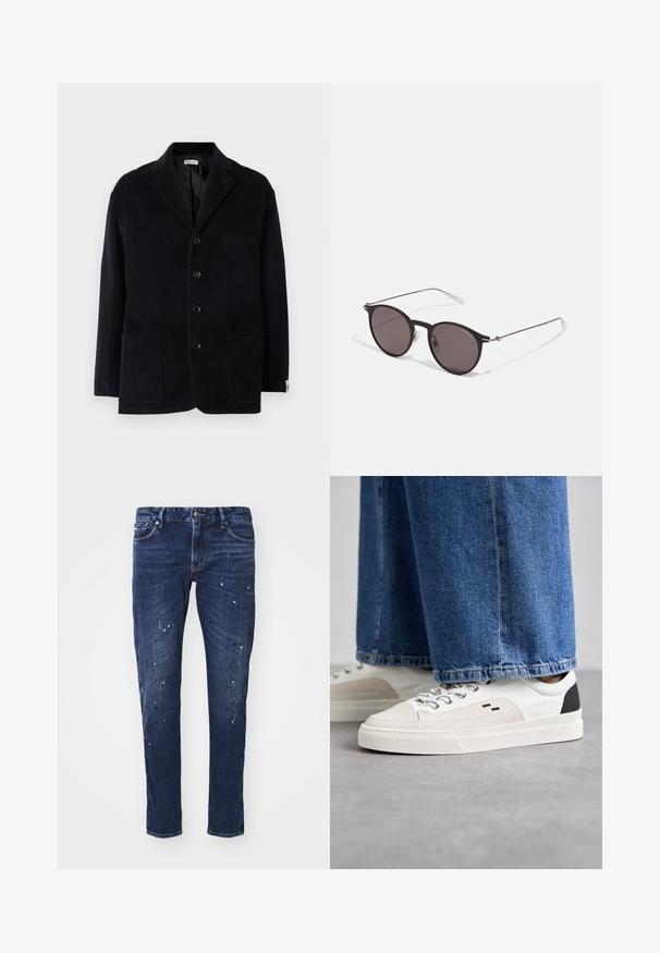 Giacca in velluto a coste nera con colletto a intaglio, quattro bottoni frontali, due tasche grandi e una tasca sul petto aggiuntiva. Tessuto morbido, vestibilità sartoriale.; T-shirt in cotone nero con scollatura rotonda, maniche corte e logo "EMPORIO ARMANI" in bianco sopra "Milano" in una disposizione curva.; Jeans in denim blu scuro con vestibilità slim, caratterizzati da schizzi di vernice, cuciture visibili e design classico a cinque tasche. Taglio dritto.; Sneaker bianche e nere con parte superiore in pelle liscia, dettagli testurizzati e suola bianca spessa. Presentano un classico design con lacci.; Occhiali da sole neri rotondi con lenti scure e sottili bracci in metallo. Include punte trasparenti e accenti argentati alla cerniera. Design minimalista.