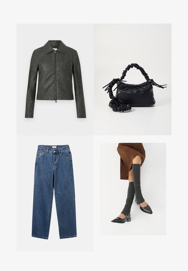 Giacca in similpelle grigia con colletto a punta, cerniera frontale, maniche lunghe e design aderente. Texture liscia con una leggera lucentezza.; Maglione morbido a maglia con strisce fuzzy orizzontali in tonalità di rosa, viola e grigio chiaro, caratterizzato da un collo rotondo e maniche lunghe.; Jeans in denim blu classico con design a gamba dritta, cinque tasche e chiusura con bottone. Presentano un lavaggio medio e una trama robusta.; Scarpe nere in pelle verniciata con punta affilata, tacco a blocco e cinturino alla caviglia, abbinate a scaldamuscoli grigi a coste e una gonna in suede marrone.; Borsa a tracolla in ecopelle nera con texture a coccodrillo, apertura cinchata e tracolla arricciata. Si presenta con un design morbido e compatto.
