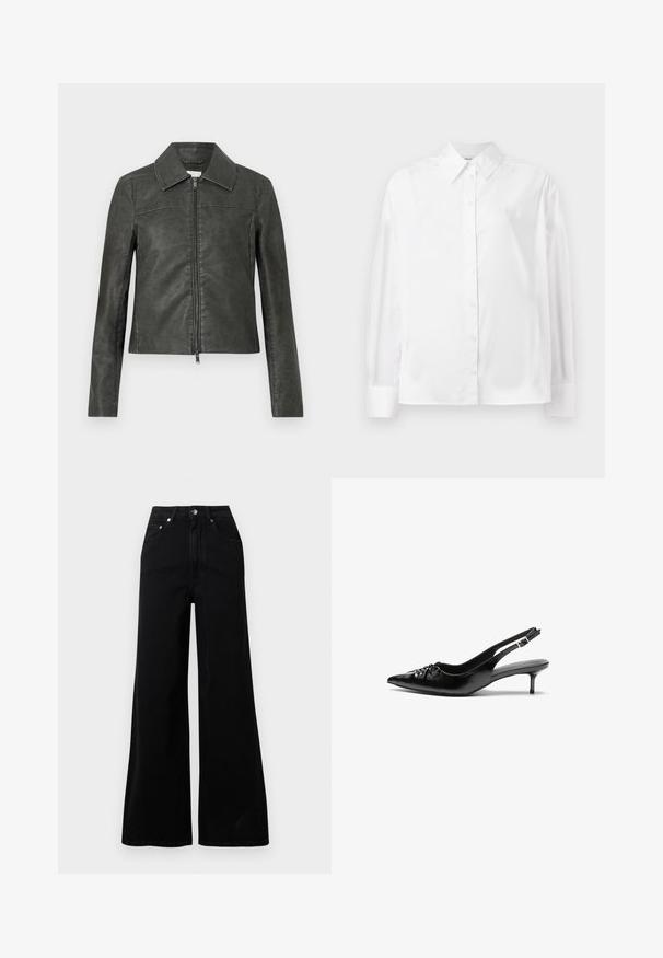 Graue Jacke aus Kunstleder mit spitzem Kragen, vorderem Reißverschluss, langen Ärmeln und figurbetontem Schnitt. Glatte Textur mit dezentem Glanz.; Weißes Langarm-Hemd mit Knopfverschluss aus einer glatten Baumwollmischung. Verfügt über einen klassischen Kragen, eine Frontknopfverschluss und abgerundete Manschetten.; Schwarze Jeans mit weitem Bein, gefertigt aus Denim, mit hoher Taille, fünf Taschen, vorderer Knopfverschluss und minimalen Nahtdetails.; Schwarze Slingback-Pumps aus Leder mit spitz zulaufender Schuhspitze, niedrigem Kitten-Heel und gerafftem Detail am Vorderblatt. Glatte Textur und minimalistisches Design.