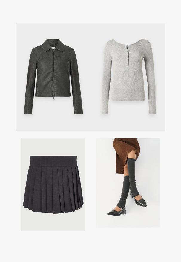 Grå jakke i imitert skinn med spiss krage, glidelås foran, lange ermer og en tettsittende design. Jevn tekstur med subtil glans.; Lys grå, ribbet langermet skjorte med dyp hals og fire knapper på fronten, vist på en hvit bakgrunn.; Grå plissert skjørt med flat midje og glidelås, laget av et strukturert stoff, med jevnt fordelte dype folder.; Sorte lakkpumps med spiss tå, blokkhel, og ankelstropp, kombinert med grå ribbestrikkede beinvarmere og et brunt semsket skinn skjørt.