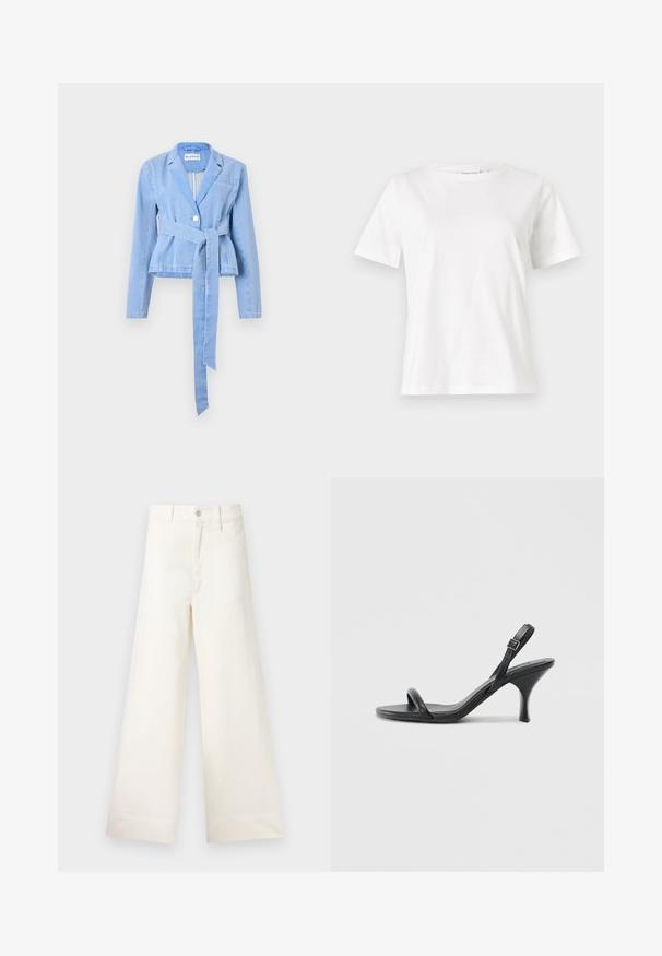 Gai zils denim žakets ar garām piedurknēm, pieguļošu jostas daļu, sasienamu jostu, vienu pogu aizdari un ar iegriezumu ap kaklu. Iekļauts krūšu kabata.; Baltas kokvilnas T-krekls ar īsām piedurknēm, apaļu kakla izgriezumu un brīvu piegriezumu. Gluda tekstūra, bez rakstiem vai akcentiem, minimālistisks dizains.; Platākas kāju bikses gaiši pelēkā kokvilnā. Iespējams augsts jostasvieta, priekšējās kabatas un taisna griezuma. Tīrs apakšmalas apdare bez rakstiem.; Melnas ādas augstpapēžu sandales ar plānu, izliekta formas papēdi un krustenisku siksnu dizainu. Regulējama potītes siksna. Gluda tekstūra.