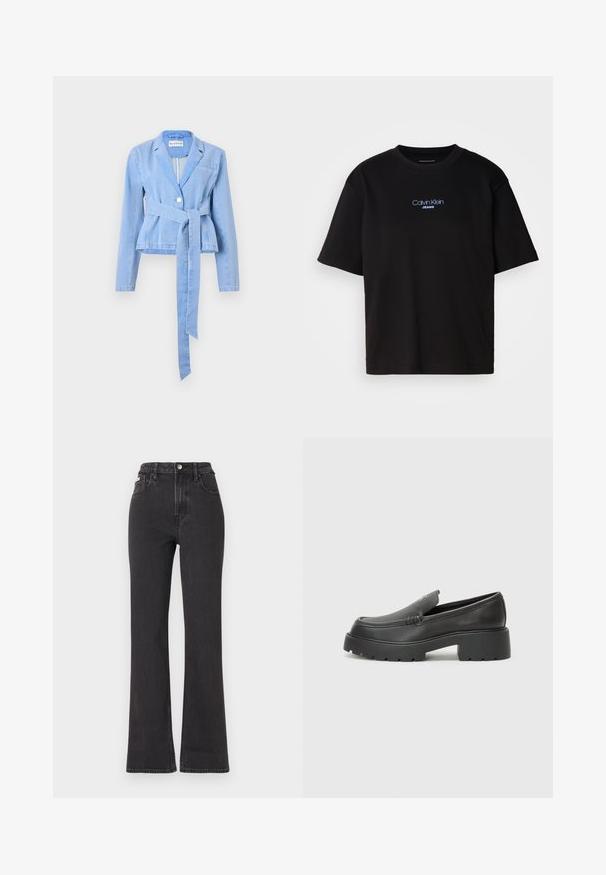 Light blue denim blazer with long sleeves, a fitted waist, a tied belt, single button closure, and a notch collar. Features a chest pocket.; Black cotton t-shirt with a round neck, short sleeves, and blue embroidered "Calvin Klein JEANS" logo on the front.; Black high-waisted flared jeans made of denim, featuring a button closure, belt loops, and side pockets. Smooth texture with minimal fading.; Black leather loafers with a rounded toe, thick textured sole, and minimal stitching details. Sleek design with no visible laces or hardware.