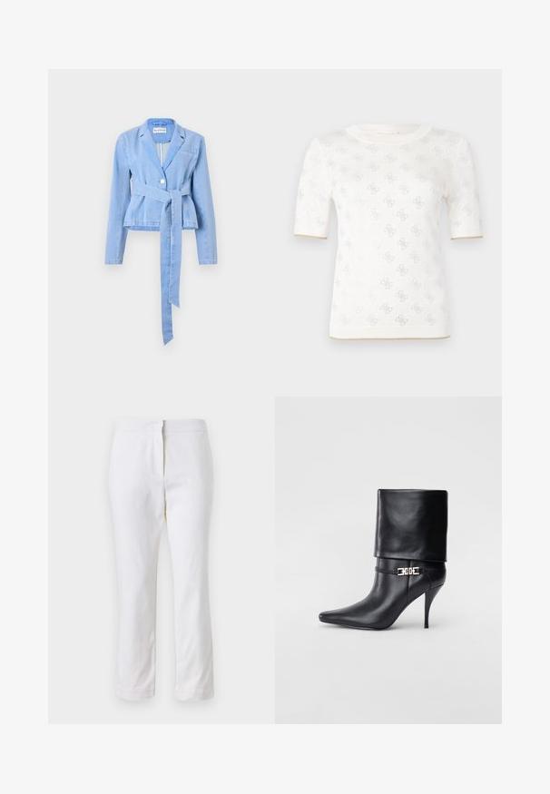 Blazer de mezclilla azul claro con mangas largas, cintura entallada, cinturón atado, cierre de un solo botón y cuello de muesca. Cuenta con un bolsillo en el pecho.; Top de punto blanco de manga corta con un patrón sutil, que presenta un escote redondo y un acento dorado en el dobladillo. La textura parece ligera y transpirable.; Pantalones de algodón blancos con un diseño de pierna recta, que cuentan con una cintura de media altura y sin herrajes o patrones visibles. Textura suave en todo su recorrido.; Botín de cuero negro hasta el tobillo con punta afilada, tacón alto de aguja, puño doblado y un detalle decorativo de hebilla dorada en el tobillo.