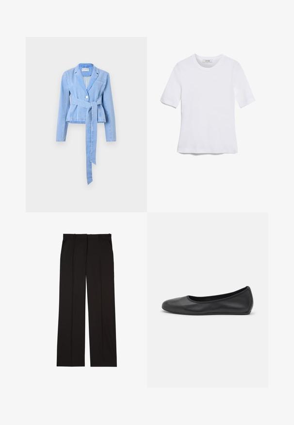 Blazer de mezclilla azul claro con mangas largas, cintura entallada, cinturón atado, cierre de un solo botón y cuello de muesca. Cuenta con un bolsillo en el pecho.; Camiseta de manga corta blanca hecha de tela de canalé. Cuello redondo, corte regular y detalles de costura sutiles. Sin patrones ni gráficos.; Pantalones negros ajustados hechos de una tela suave, con un diseño de pierna recta y dos bolsillos laterales. Construcción elegante y minimalista.; Bailarina de piel negra con punta redondeada, textura suave, detalle de costura minimalista y diseño de suela flexible.