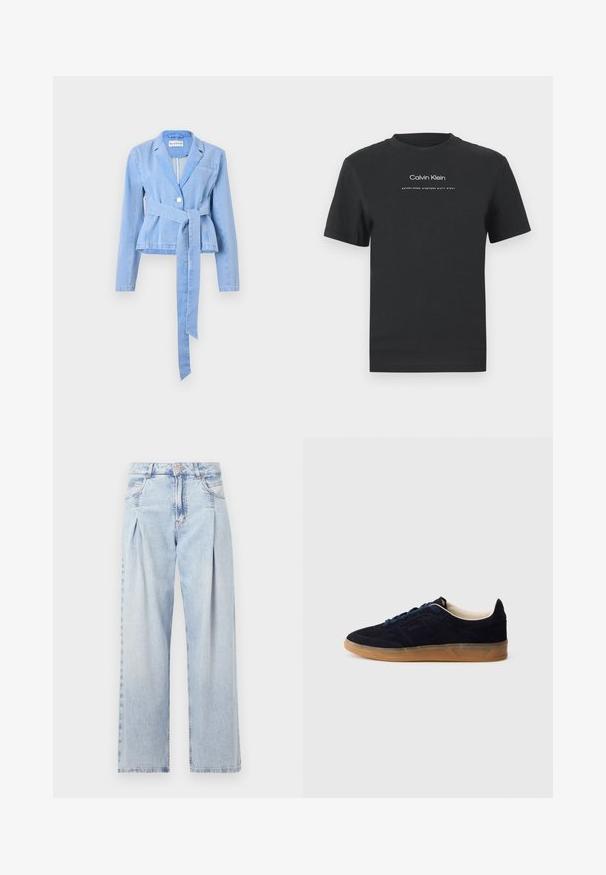 Hele sinine teksajakk pikkade varrukatega, kitsas talje, seotud vöö, ühekordne nööp sulgemisega ja krae. Omab rinnaelast.; Must musta T-särk, millel on ümmargune kaelus, lühikesed varrukad ja valge trükitud "Calvin Klein" logo ning tekst "Asutatud 1968".; Heledad sinise denimist valmistatud teksapüksid kõrge vöökohaga, laia jala lõikega, kahe külje taskuga ja pleedi disainiga. Pehme tekstuur ja pleekinud viimistlus.; Tumesinised seemisnahast spordijalatsid kummist tallaga, siniste paeltega ja minimalistliku disainiga. Küljel on reljeefne logo ja sees on sile vooder.