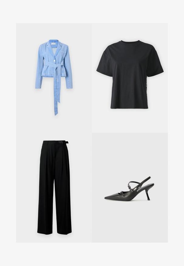Gai zils denim žakets ar garām piedurknēm, pieguļošu jostas daļu, sasienamu jostu, vienu pogu aizdari un ar iegriezumu ap kaklu. Iekļauts krūšu kabata.; Melna īsām piedurknēm kokvilnas t-kreklu ar brīvu piegriezumu un kontrastējošu sānu paneli, kas satur nelielu tekstu un dizaina detaļas.; Melni plaši bikses ar augsto jostasvītru, priekšā ar krokojiem un jostu ar sprādzi. Izgatavotas no gludas, vieglas auduma.; Melnas ādas slingback papēži ar norādītu purngalu, izsmalcinātu papēdi un dekoratīvu sprādzi uz priekšpuses. Gluda tekstūra un elegants dizains.