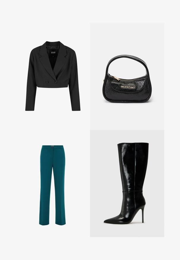 Svart kort blazer tillverkad av mjukt tyg. Har en dubbelknäppt framsida med två svarta knappar och skarpa slag. Långa ärmar ingår.; Långärmad svart polotröja gjord av mjukt, stretchigt material. Tätsittande design med hög hals och inga synliga mönster eller dekorationer.; Teal raka byxor med en slät textur, som har en knappstängning vid midjan och en minimalistisk design.; Svarta läderknähöga stövlar med spetsig tå och hög stilettklack. Slät textur och elegant design med minimal detaljer.; Svart läderhandväska med en strukturerad yta, rund form och ett enstaka handtag. Har en framficka med dragkedja och guldtonad branding.