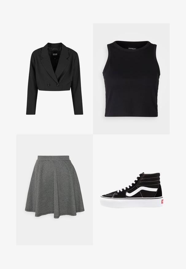 Juodas trumpas bleizeris, pagamintas iš lygaus audinio. Yra dvigubo užsegimo priekyje su dviem juodais mygtukais ir aštriomis apykaklėmis. Apatinės dalies ilgis siekia ilgus rankovėmis.; Juodas kanalų rašto trumpas topas su apvaliu iškirpimu ir be rankovių dizainu. Pagaminta iš minkštos, elastingos medžiagos, kurios kraštai tvarkingai apdirbti.; Juodos ir baltos laukų rašto šokių sijonas su prigludusia juosmens dalimi ir platėjančiu apačiu, pagamintas iš tekstūruoto audinio, kuriame pateiktas klasikinis raštas.; Juodi aukšti sportbačiai su baltais raišteliais, baltu logotipu ir kontrastinga balta siuvinėta. Turi storą baltą padas ir tekstūruotą zomšos viršutinę dalį.