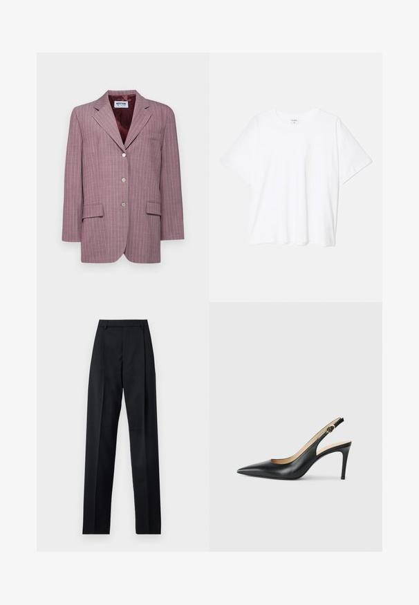 Svetlo vijoličast blazir s prugicami z obrito ovratnikom, dvema sprednjima žepoma, tremi srebrnimi gumbi ter bordo satensko podlogo.; Bela bombažna majica s kratkimi rokavi, okroglim izrezom, sproščenim krojem in šivanim robom. Oznaka vidna na notranji strani izreza.; Črne hlače iz gladkega materiala, ki imajo visok pas, široke noge, sprednje nabore in klasične zanke za pas. Nevidni stranski žepi.; Črne usnjene petke s slingback obliko, ostro konico, nastavljivim trakom in elegantnim stiletto peto, s gladko obdelavo.