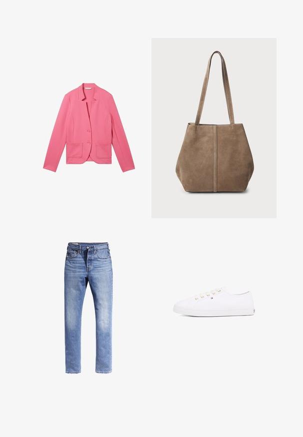 TOM TAILOR OTTOMAN STRUCTURE - Blazer - carmine pink; White cable-knit half-zip sweater with ribbed collar, cuffs, and hem, featuring a small embroidered dark logo on the left chest.; Light blue denim jeans featuring a straight leg design, five pockets, and contrast stitching. The fabric appears slightly distressed.; White canvas sneaker with gold eyelets, flat laces, textured rubber sole, and minimal branding on the side. Low-profile design.; Brown suede tote bag with two long handles, vertical seam detail on the front, and a soft texture. Spacious design suitable for everyday use.