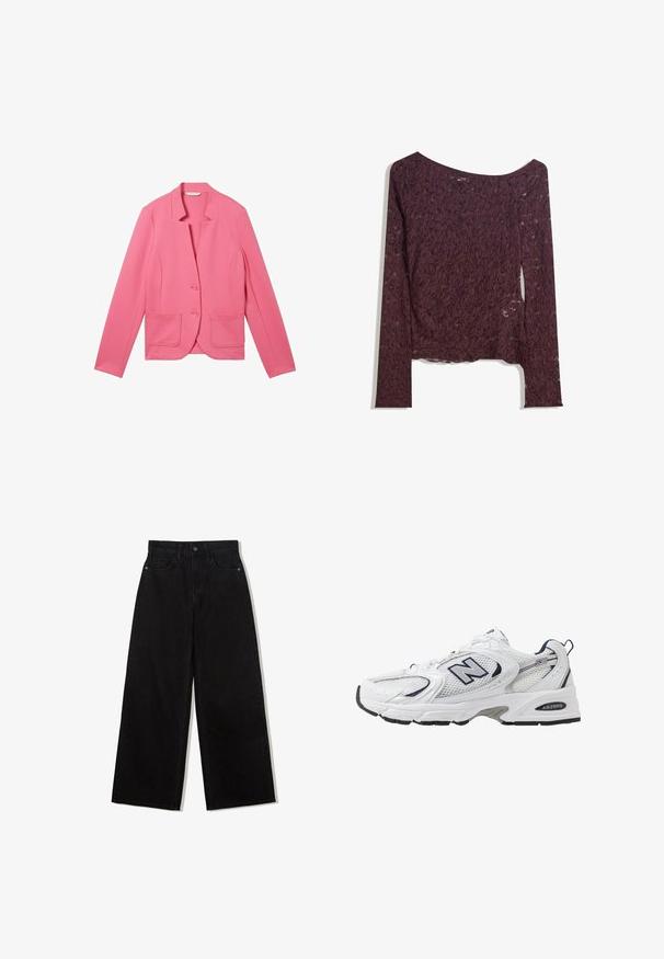 TOM TAILOR OTTOMAN STRUCTURE - Blazer - carmine pink; Lace long-sleeve top in deep burgundy, featuring an off-shoulder design, floral patterns, and a slightly sheer texture with a straight hem.; Black, wide-leg jeans made of denim with a high waist, featuring a five-pocket design and a single button closure at the front.; White athletic shoe with mesh upper, navy accents, and cushioned sole. Features "N" logo, laces, and textured detail on side.