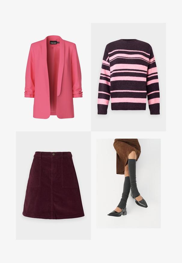 Sacou roz dintr-un material fin, cu deschidere frontală și guler în stil șal. Prezintă mâneci răsfrânte și nu are nasturi, evidențiind un design minimalist.; Pulover în dungi de culoare mov închis și roz pal, cu dungi orizontale late, decolteu rotund și manșete tricotate. Confecționat dintr-un material tricotat texturat.; Top negru cu mâneci scurte și decolteu rotund, prezentând un detaliu decupat și închidere cu fundiță în față. Confeționat dintr-un material moale și ușor.; Fustă A-line din catifea de culoare burgund, cu două buzunare frontale, închidere cu nasture în talie și suprafață texturată.; Pantofi negri din piele lacuită, cu vârful ascuțit, toc bloc și curea la glezna, asortați cu jambiere gri cu nervuri și o fustă din suede maro.