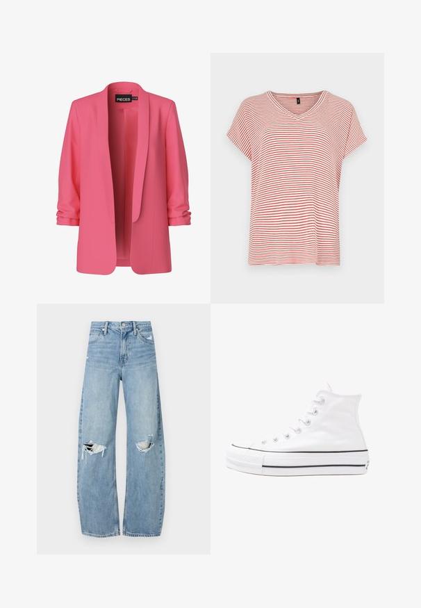 Roza blazer z gladkim materialom, odprtimi sprednjimi deli in šalom. Ima zložene rokave in brez gumbov, kar poudarja minimalističen dizajn.; Rdeče in bele črte kratka majica s kratkimi rokavi in V-izrezom, sproščenega kroja in mehke tkanine. Črte so enakomerno razporejene po celotnem dizajnu.; Svijetloplave traperice visoki struk. Imaju široke nogavice, dva poderana područja na koljenima i klasičan petotoksi stil.; Beli visoki platneni športni čevelj z črnim gumijastim podplatom, sprednjim gumijastim zaščitnikom za prste in šestimi luknjicami za vezalke, ki se ponaša s preprostim, minimalističnim dizajnom.