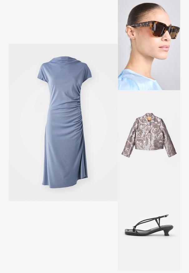 Stine Goya BOXY STRAIGHT JACKET - Blazer - silver/taupe; Short-sleeve dress in light blue fabric, featuring a cowl neckline and side ruching, with a relaxed silhouette and knee-length hem.; Black leather sandal with thin straps, low block heel, and square toe. Features a buckle closure and smooth texture.; Tortoiseshell sunglasses with a chunky, rectangular frame. Dark lenses and gold-tone accents on the temples. Smooth, glossy finish.; White textured clutch bag with a gathered design, featuring a gold chain strap. Smooth finish with subtle waves and rounded edges.