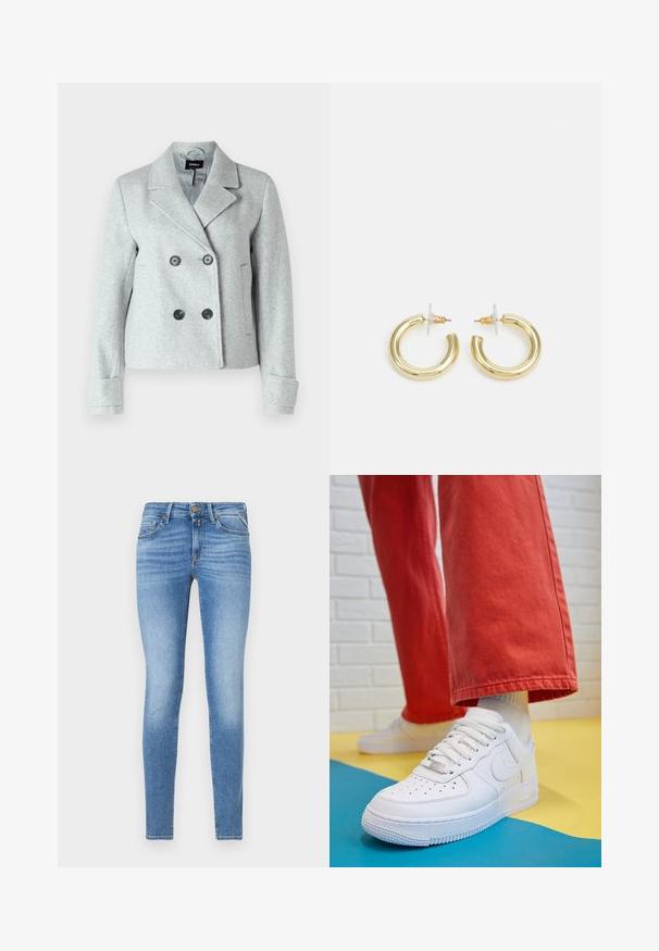 ONLY ONLFREJA LIFE - Blazer - light grey; Langarmshirt aus schwarzem, weichem Stoff, mit weitem Ausschnitt und leicht lockerer Passform, ohne sichtbare Muster oder Hardware-Details.; Slim-Fit hellblaue Jeans im Denim-Stil mit mittelhohem Bund, vorderem Knopf und Fünf-Taschen-Design.; Weiße Leder-Sneaker mit perforiertem Zehenbereich, strukturiertem Sohlen und weißen Schnürsenkeln, kombiniert mit weiten roten Hosen und einem blauen und gelben Hintergrund.; Goldene Creolen mit einer glatten, glänzenden Oberfläche. Zirkuläres Design mit einem kleinen Stecker und einer klaren Rückseite für einen sicheren Sitz.