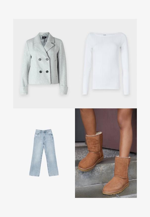 ONLY ONLFREJA LIFE - Suknjič - light grey; Bela dolga majica z dolgimi rokavi, izdelana iz bombažne mešanice, z okroglim izrezom in slim fit oblikovanjem. Brez vidnih vzorcev ali dodatkov.; Svjetloplave traperice širokog kroja, sa istrošenim detaljima, pet džepova, i zatvaranjem na patentni zatvarač.; Rjavi semiš škornji do gležnjev z okroglo konico, mehkim podloženjem in gumijastim podplatom, ki imajo vidne šive ob šivih.