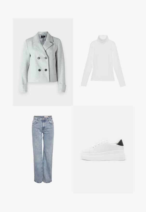 ONLY ONLFREJA LIFE  - Blazer - light grey; Weißes Langarm-Turtleneck-Oberteil aus glattem, elastischem Stoff. Mit hohem Kragen und tailliertem Schnitt, ohne sichtbare Muster oder Verzierungen.; Hellblau weite Jeans aus Denim, mit hoher Taille, fünf Taschen-Design und subtilen Ausbleichungen für einen eingesessenen Look.; Weiße Plateausneaker aus glattem Kunstmaterial, mit runder Zehenform, Schnürdesign und einer strukturierten Gummisohle. Schwarzer Fersenakzent.