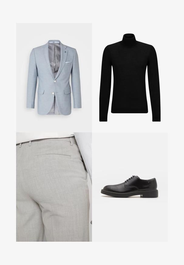 Kigili DANNY - Colbert - light grey; Zwarte coltrui van zacht materiaal, met lange mouwen en een snug fit. Geribbelde afwerking aan de onderkant en mouwen. Eenvoudig ontwerp.; Lange mouwen lichtgrijze polo shirt gemaakt van zachte stof, met een drie-knopen sluiting en geribbelde mouwen, met een klassiek kraagontwerp.; Lichtgrijze, op maat gemaakte broek van gestructureerde stof, met een enkele achterzak en nette stiksels.; Zwarte leren veterschoen met een ronde neus, een gladde textuur, minimale stiksels en een lage rubberen hak. Logo op de hak.