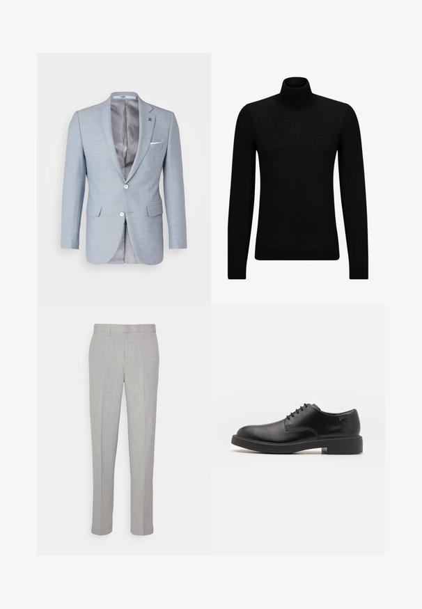 Kigili DANNY - Colbert - light grey; Zwarte coltrui van zacht materiaal, met lange mouwen en een snug fit. Geribbelde afwerking aan de onderkant en mouwen. Eenvoudig ontwerp.; Lichtgrijze broek met een gladde textuur, platte voorkant en rechte pijpen. Gemaakt van ademend materiaal, met interne zakken en riemlussen.; Zwarte leren veterschoen met een ronde neus, een gladde textuur, minimale stiksels en een lage rubberen hak. Logo op de hak.