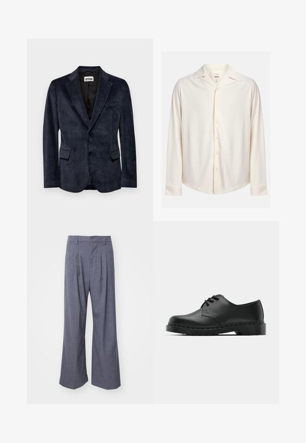 DRYKORN YAMES - Dressjakke - blue; Kremfarget, langermet skjorte med knapper, med et strukturelt stripete design og en notched krage. Har en rundet hem og knappdetaljer.; Grå stribede bukser med vid ben design, prydet med folder foran og en glat tekstur. Ingen synlig hardware eller accenter.; Svarte lær oxford-sko med snøring, rund tå, flat gummisåle og diskret sømdetalj langs overflaten.