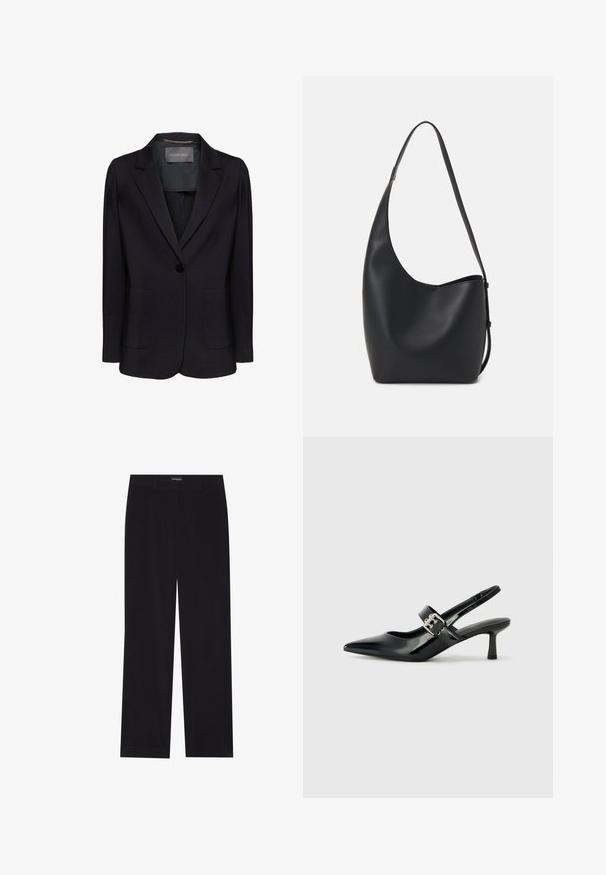 Černý blazer s přiléhavým střihem, zapínáním na jeden knoflík a dvěma předními kapsami. Hladká látka s klopou a jemnými vnitřními detaily.; Černé bavlněné tričko s krátkým rukávem, na levém prsou s malou grafikou růžové motýlky. Design s kruhovým výstřihem a volným střihem.; Černé kordové kalhoty s rovného střihu, disponující plochým pasem a bez viditelných kapes, hladkou texturou a vertikálním žebrováním.; Černé lakované boty na podpatku typu slingback s špičatou špičkou a malým blokovým podpatkem, které mají na pásku stříbrný přezkový akcent.; Černá kožená hobo taška s hladkým povrchem, zakřiveným tvarem a jedním nastavitelným popruhem; má široké otevírání nahoře.