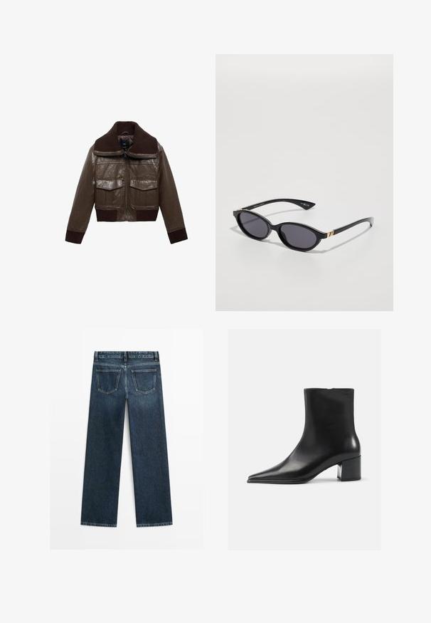 Giacca cropped in pelle marrone con colletto a coste marrone, due tasche sul petto e polsini a coste per una vestibilità aderente.; Maglione grigio a maniche lunghe realizzato in tessuto morbido, con collo rotondo e bordi a coste, dal design leggermente cropped.; Jeans in denim blu scuro con taglio dritto, dotati di due tasche posteriori e cuciture visibili lungo le cuciture e gli orli.; Stivaletto in pelle nera con punta appuntita, texture liscia e tacco medio a blocco. Design minimalista, chiusura con zip sul retro.; Occhiali da sole neri con lenti ovali, tinta sfumata scura e braccetti sottili con sottili dettagli dorati. Finitura in plastica liscia.