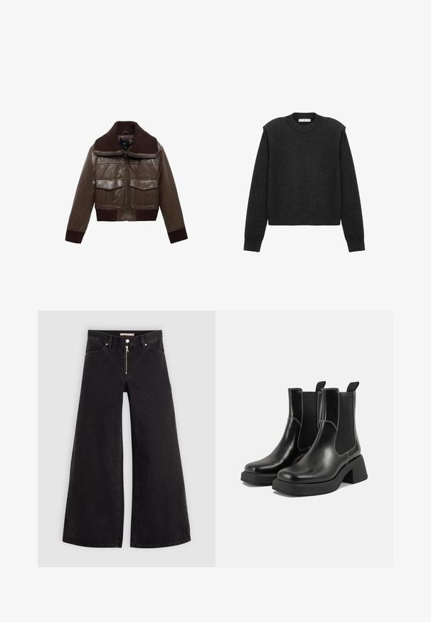 Ruskea nahkainen lyhyt takki, jossa on ribatusta ruskeasta kauluksesta, kaksi rintataskua ja ribatut hihansuunkin, jotka tarjoavat tiukan istuvuuden.; Tummanharmaa, lyhennetty villapaita pitkillä hihuilla, pyöreällä pääntiellä ja tekstuuripinnalla. Yksinkertainen muotoilu ilman kuvioita tai koristeita.; Mustat leveälahkeiset farkut, joissa on vetoketjufrunti, viisi-taskuinen muotoilu ja hienovaraiset ompelusyyt. Sileä pinta ja rento tyyli.; Mustat nahkaiset Chelsea-kengät paksulla korolla, joustavilla sivupaneeleilla ja kontrastilla valkoisella ompelulla. Teksturoitu pinta.