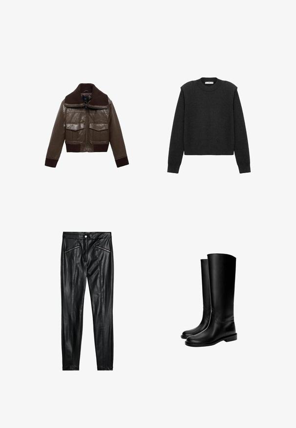 Jachetă croită din piele maro, cu guler maro cu dungi, două buzunare la piept și manșete cu dungi la tiv pentru o ajustare strânsă.; Pulover scurt, de culoare gri închis, cu mâneci lungi, guler rotund și un finisaj texturat. Design simplu, fără modele sau embellishments.; Pantaloni din piele neagră cu un design ajustat, două buzunare frontale cu fermoar și o textură netedă cu un finisaj lucios.; Cizme din piele negre, până la genunchi, cu o textură netedă, vârf rotund, talpă plată și un design minimalistic, având cusături vizibile și fără hardware.