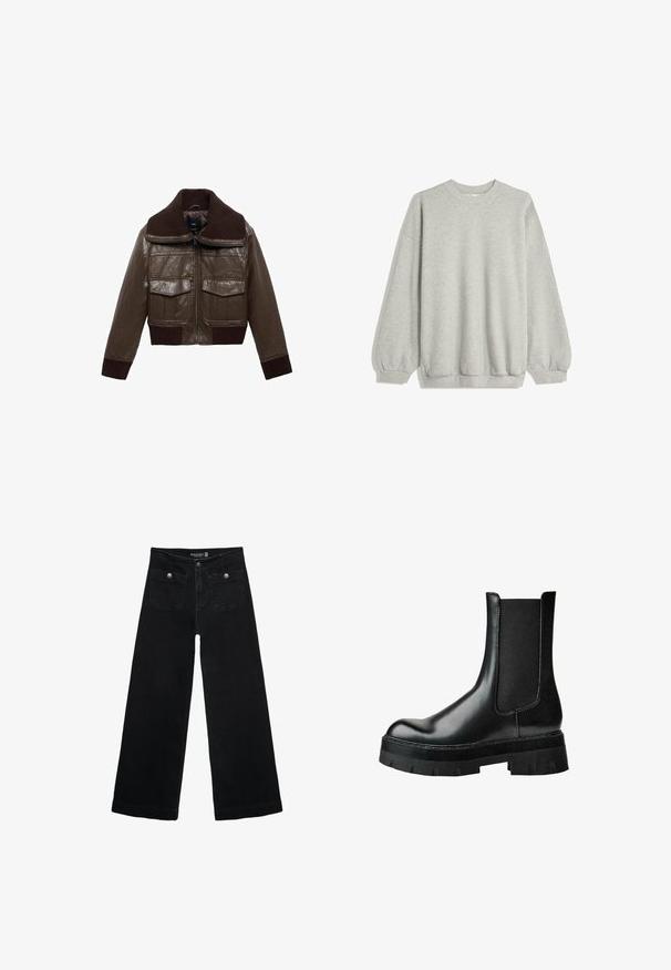 Hnedá kožená skrátená bunda s ryhovaným hnedým golierom, dvoma vreckami na hrudi a ryhovanými manžetami na leme pre tesný strih.; Sivá mikina vyrobená z mäkkej tkaniny, s klasickým okrúhlym golierom, dlhými rukávmi s elastickými manžetami a voľným strihom. Bez vzorov alebo akcentov.; Čierne široké nohavice s vysokým pásom, s dvoma prednými vreckami a kovovými detailmi na gombíku. Tkanina má hladkú textúru.; Čierna kožená členková čižma s elastickým bočným panelom, okrúhlou špičkou, robustnou platformovou podrážkou a štruktúrovaným zvrškom pre lepšiu priľnavosť.