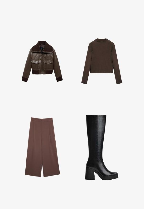 Hnědá kožená zkrácená bunda s žebrovaným hnědým límcem, dvěma náprsními kapsami a žebrovanými manžetami na lemu pro těsnější fit.; Tmavě hnědý svetr s dlouhým rukávem a kulatým výstřihem, mírně zkráceným střihem a jednoduchým, bezešvým designem.; Hnědé široké kalhoty s hladkou texturou, vysokým pasem a předními záhyby. Materiál je lehký a volně splývá.; Černé vysoké kozačky vyrobené z texturovaného syntetického materiálu, se čtveratou špicí, širokým vysokým podpatkem a hladkým, elegantním povrchem.