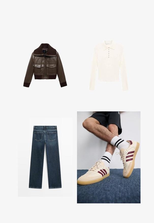 Brun læder cropped jakke med en ribbet brun krave, to brystlommer og ribbede manchetter i kanten for en tætsiddende pasform.; Langærmet cremefarvet polo shirt lavet af blødt stof, med en klassisk krave og syv små sølvknapper nedad fronten.; Mørkeblå denimjeans i lige snit med to baglommer og synlig syning langs sømme og kanter.; Beige sneakers med maroon striber, tekstureret overdel og gummigummisål, parret med ribbede hvide sokker med sorte striber.