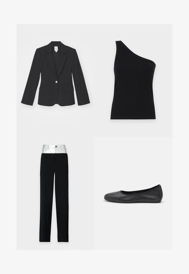 Mustat bleiserit, jotka on valmistettu sileästä kankaasta ja joissa on jämäkkä muotoilu. Varustettu uurrettu kaulus, kahdella etutaskulla ja kultanappikiinnityksellä.; Musta ribbed-hihaton toppi yhdellä olalla, joka on muotoiltu tiukasti ja on pehmeä tekstiililtään. Tässä on siisti, minimalistinen leikkaus ja sileä kaula-aukko.; Mustat housut, joissa on kiiltävä hopeanvärinen vyötärö. Ominaisuuksiin kuuluu napitus ja neljä taskua, muotoiltu istuvuus ja suora lahje.; Musta nahkainen ballerina, jossa on pyöristetty kärki, sileä pinta, minimaalinen ommelkoristelu ja joustava pohjamuotoilu.