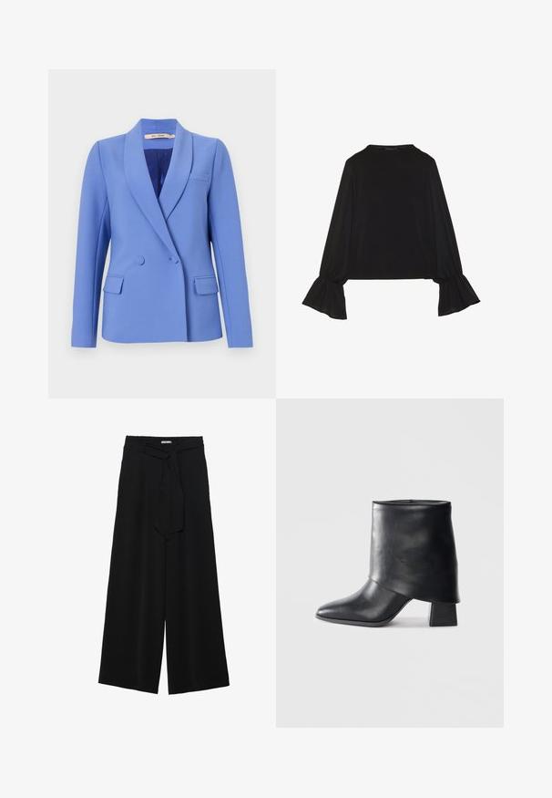 Blazer duplo em tecido azul claro. Apresenta lapelas pontiagudas, dois bolsos frontais, um bolso no peito e um forro interior suave.; Top preto de mangas longas com punhos largos, textura suave e um corte descontraído, com um simples decote redondo.; Calças largas pretas com um tecido texturizado, uma cintura elástica e um laço destacável na cintura para um ajuste ajustável.; Bota de tornozelo em couro preto com bico afilado, textura suave e um salto bloco estruturado. Apresenta um design de cano alto e dobrado.