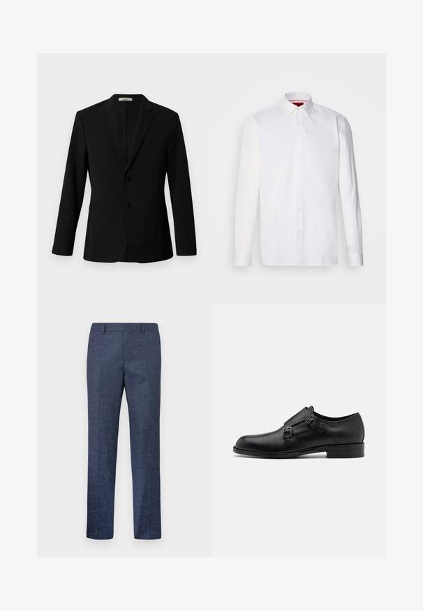 Svart blazer laget av glatt stoff, med notched krage, to knapper og sidelommer; tilpasset passform med lange ermer.; Hvit langermet skjorte laget av bomull, med klassisk krage, frontløsning med knapper og en glatt tekstur. Rød innerside på kragen.; Marineblå bukser laget av et teksturert stoff, med rette ben, flat front og to sidelommer. Ingen synlige mønstre eller detaljer.; Sorte lærdressko med doble spenner, slank silhuett og rund tå. Har lav hæl og glatt tekstur.