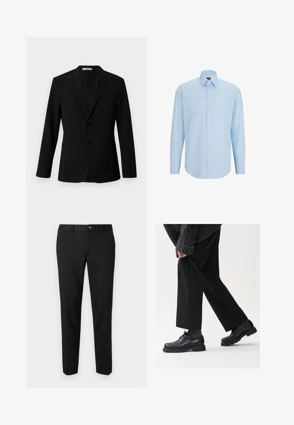 Juodas švarkas, pagamintas iš glotnaus audinio, su išpjauta apykakle, dviem mygtukais ir šoninėmis kišenėmis; pritaikyta figūrai, su ilgomis rankovėmis.; Šviesiai mėlynas ilgomis rankovėmis marškiniai pagaminti iš lygaus audinio, su mygtukų užsegimu priekyje, smailiu apykaklės dizainu ir įprastu žiūrėjimu.; Juodos kelnės, pagamintos iš lygaus audinio. Jos turi tiesų siluetą, plokščią priekinę dalį ir užsegimą su mygtuku bei paprastą liemens dizainą.; Juodos odinės kojinės su apvalia nosimi, raištelių dizainu ir storu, tekstūriniu padu. Dėvimos su pritaikytomis juodomis kelnėmis ir liniuotėmis megztiniu.