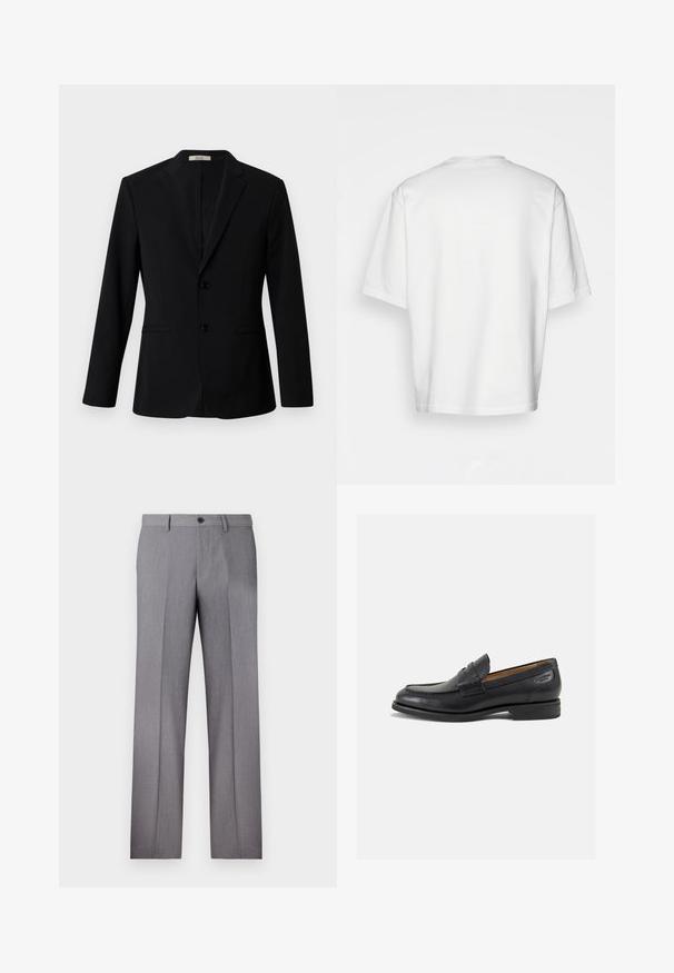 Črn blazer, izdelan iz gladkega blaga, z opletenim ovratnikom, dvema gumboma in stranskima žepoma; krojen prilagojeno z dolgimi rokavi.; Bela kratka majica s kratkimi rokavi, ohlapnega kroja, okroglega izreza, gladkega bombažnega materiala, brez okrasitev na hrbtni strani, ravna obroba, brez vzorcev ali naglasov.; Sive prirejene hlače z ravnim sprednjim delom, dvema stranskima žepoma in enojnim gumbom za zapiranje. Gladka tekstura z diskretno črtasto vzorcem.; Črne usnjene loafers cipele z gladko površino, zaobljenim nosom in dekorativnim šivom na vampu. Nizek zloženi peti in rahla sijaj.