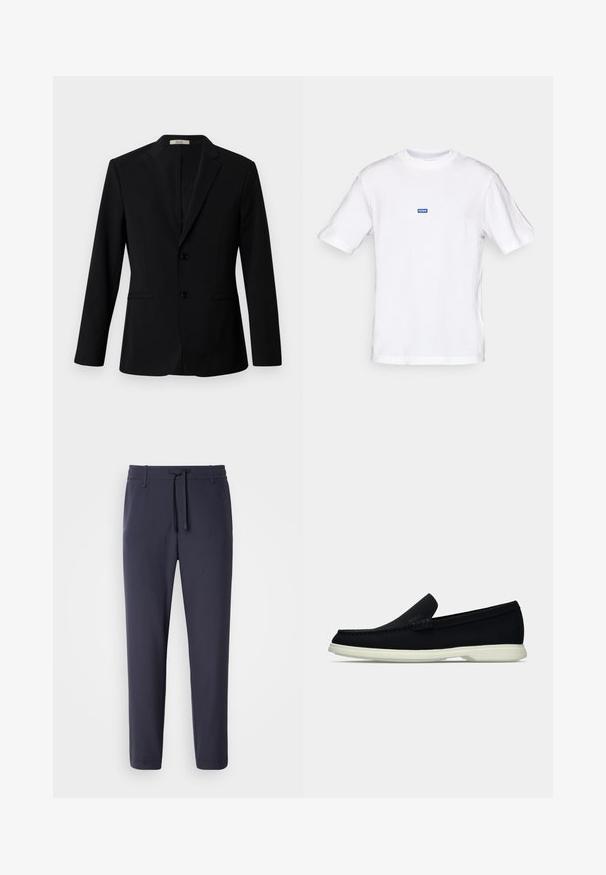 Schwarzer Blazer aus glattem Stoff, mit Reverskragen, zwei Knöpfen und seitlichen Taschen; taillierte Passform mit langen Ärmeln.; Weißes Baumwoll-T-Shirt mit kurzen Ärmeln, Rundhalsausschnitt und einem kleinen blauen "HUGO"-Label auf der oberen Brust. Glatte Textur, klassischer Schnitt.; Navy Jogginghosen mit einem elastischen Bund und Kordelzug. Aus glattem Material gefertigt, mit schmal zulaufenden Beinen und ohne sichtbare Taschen.; Schwarzer Slipper mit runder Zehenpartie, präsentiert sich mit einem strukturierten Obermaterial, glatter weißer Sohle und einem dezenten Branding-Detail an der Seite.