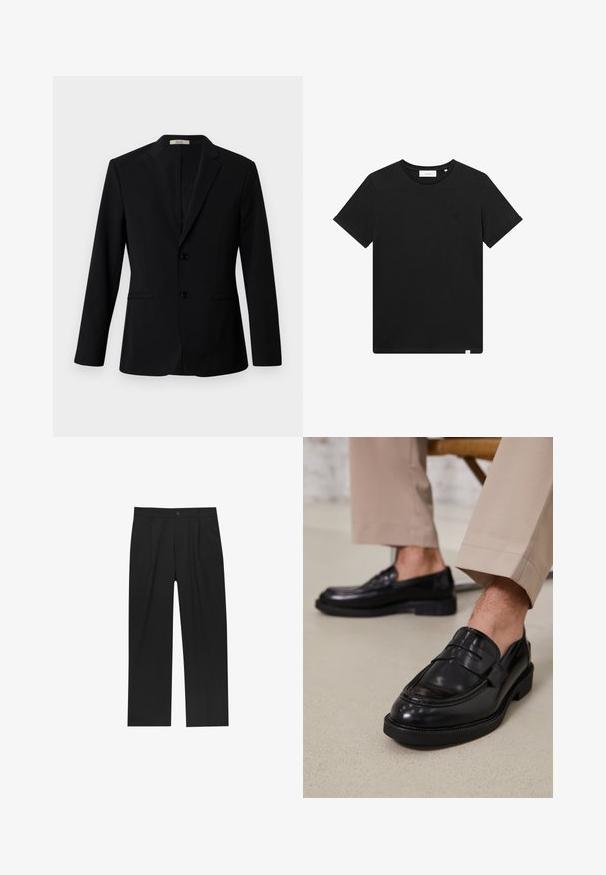 Simított anyagból készült fekete zakó, hajtókás gallérral, két gombbal és oldalsó zsebekkel; testre szabott szabású, hosszú ujjú.; Fekete rövid ujjú pamut póló, kerek nyakkal és egy kis géppel hímzett logóval a mellrészen. Sima tapintás, szabványos illeszkedés.; Fekete nadrág egyenes szárú kialakítással, sima anyagból készült. Elöl redők és egy gombos záródás található a derékon.; Fekete bőr loaferek sima felülettel, díszítő pánttal és kontrasztos varrással, bézs nadrággal párosítva.