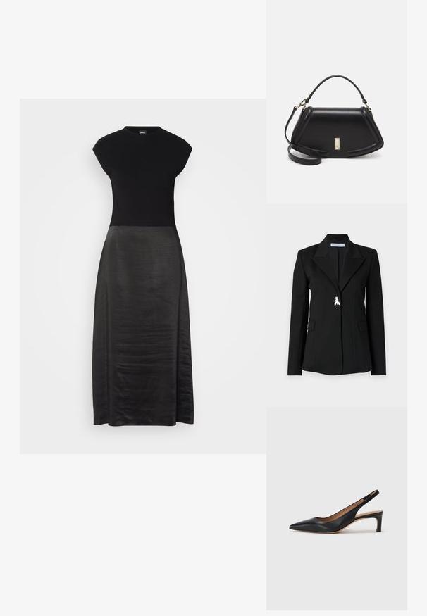 Patrizia Pepe JACKET - Blazer - nero; Abito nero con un corpino aderente e una gonna fluida in seta. Maniche a campana, scollatura rotonda, trama liscia e design lunghezza caviglia.; Pump slingback in pelle nera con punta appuntita, tacco basso e texture liscia. Presenta una sottile cinghia regolabile per una vestibilità sicura.; Borsa a mano in pelle nera con un design strutturato, caratterizzata da una forma corta, manico superiore e accessori in metallo dorato. Inclusa tracolla regolabile.