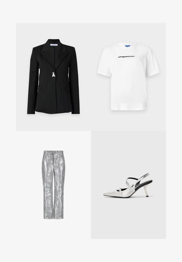 Patrizia Pepe JACKET - Blézer - nero; Fehér pamut póló, rövid ujjú és kerek nyakkivágással. Az elején fekete nyomtatott szöveg található: "karl lagerfeld jeans". Sima anyagú.; Ezüst hímzett nadrág, levélmintával, egyenes szárú kialakítással és sima, fényes textúrával. Funkcionális zsebekkel és gombos záródással.; Ezüst slingback magasarkú cipők hegyes orral, sima fényes felülettel, vékony sarokkal és dekoratív pánt részletekkel.