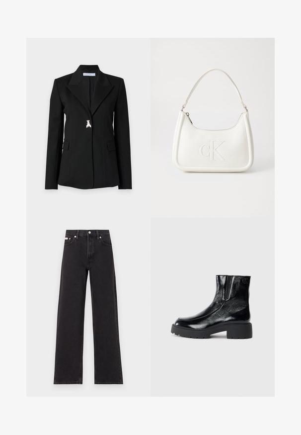 Patrizia Pepe JACKET - Sacou - nero; Top scurt cu mânecă, negru, cu nervuri, realizat dintr-un material moale, având un logo Calvin Klein subtil în centru. Design simplu, clasic.; Jeanși negri cu picioare largi, fabricați din denim, cu talie înaltă, stil cu cinci buzunare și închidere cu nasture metalic, cu cusături contrastante.; Botine negre până la gleznă, cu un finisaj de piele lacuită strălucitoare, talpă de cauciuc neagră masivă și toc înălțat; include detalii subtile cu logo pe lateral.; Geantă de umăr din piele albă cu formă curbată, având un logo "CK" embosat pe partea din față și un singur braț de umăr. Închidere cu fermoar în partea de sus.